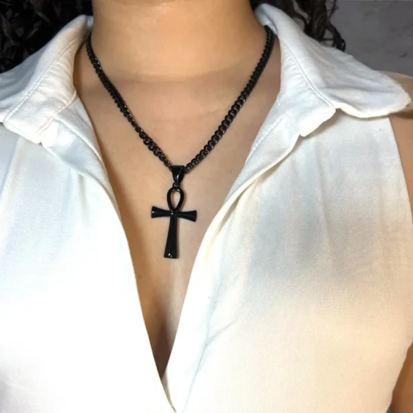 Black Stainless Steel Ankh Cross Necklace - Unisex - Image 4